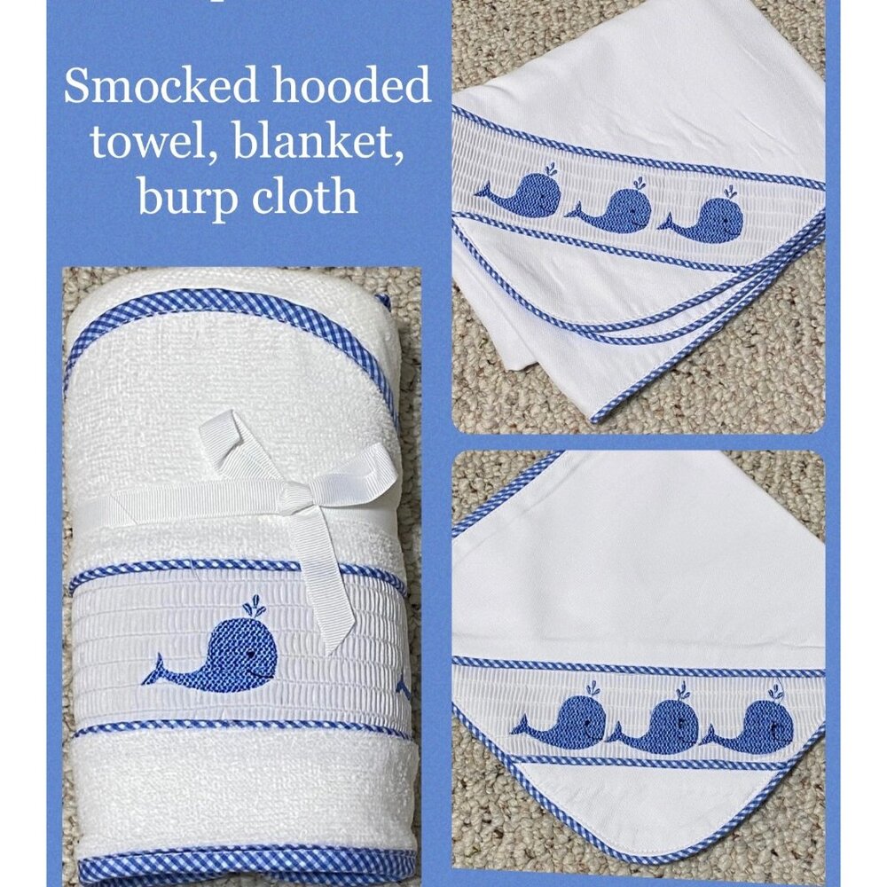 Blue Whale Smocked Hooded Towel Burp Cloth Blanket gingham baby shower gift NWT